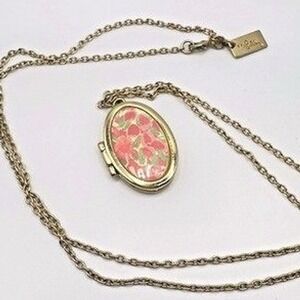Lilly Pulitzer Locket Necklace Floral Pendant Signed Gold Tone "Heart You" 28in